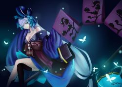 Rule 34 | 1girl, aoandon, artist name, bare shoulders, black thighhighs, blue eyes, blunt bangs, bug, butterfly, crossed legs, dking, holding, holding staff, insect, lantern, long sleeves, onmyoji, paper lantern, silver hair, single thighhigh, solo, staff, thighhighs