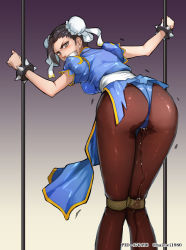Rule 34 | 1girl, ass, bdsm, bondage, bound, bound legs, breasts, capcom, chun-li, gag, improvised gag, legs together, looking at viewer, looking back, pantyhose, pussy juice, solo, street fighter, tape, tape gag