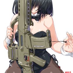 Rule 34 | 10s, 1girl, 2016, assault rifle, bare arms, bare shoulders, black bow, black bowtie, black leotard, black pantyhose, bow, bowtie, breasts, cleaning, cleaning weapon, cleavage, dated, dd (ijigendd), detached collar, gun, h&amp;k g36, hair over eyes, leotard, medium breasts, numbered, original, pantyhose, playboy bunny, rifle, short hair, simple background, sitting, solo, weapon, white background, wrist cuffs