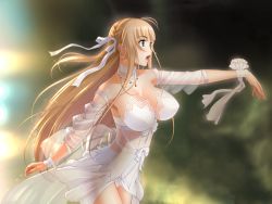 Rule 34 | 1girl, bare shoulders, blonde hair, breasts, choker, cleavage, collarbone, cowboy shot, dress, floating hair, game cg, green eyes, hair ribbon, large breasts, legs, long hair, looking away, open mouth, original, outstretched arms, ribbon, sano toshihide, saotome maria, sex life, simple background, solo, standing, thighs, white dress