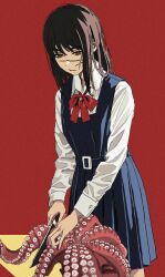 Rule 34 | 1girl, absurdres, black dress, bow, bowtie, breasts, brown hair, chainsaw man, commentary, cutting, dress, highres, holding, holding knife, knife, lingerie, octopus, pinafore dress, red background, red bow, red bowtie, ringed eyes, scar, scar on face, school uniform, shiren (ourboy83), shirt, simple background, sleeveless, sleeveless dress, small breasts, solo, symbol-only commentary, underwear, white shirt, yoru (chainsaw man)