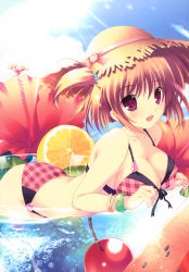 Rule 34 | 1girl, absurdres, bikini, blonde hair, bracelet, breasts, cherry, cleavage, fang, flower, food, front-tie top, fruit, hat, heart, hibiscus, highres, ice, ice cube, in food, jewelry, large breasts, lemon, light rays, mikeou, mini person, minigirl, oversized object, plaid, plaid bikini, pool, solo, straw hat, submerged, sunbeam, sunlight, swimsuit, water, watermelon