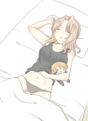 Rule 34 | 10s, 1girl, absurdres, arm up, bed, bed sheet, black panties, black shirt, blonde hair, character doll, closed mouth, commentary, darjeeling (girls und panzer), closed eyes, from above, girls und panzer, hair intakes, highres, kay (girls und panzer), long hair, lying, navel, on back, on bed, panties, pillow, shirt, sleeping, solo, tank top, underwear, underwear only, zol (rambling7)