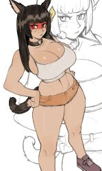 Rule 34 | 1girl, absurdres, animal ears, black hair, blush, breasts, brown footwear, brown shorts, cat ears, cat girl, cat tail, choker, closed mouth, collarbone, commission, facial mark, hands on own hips, heart, heart choker, highres, hime cut, kuruminha, large breasts, looking at viewer, micro shorts, navel, original, picote, red eyes, shorts, solo, tail