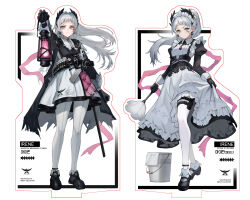 Rule 34 | 1girl, acrylic stand, ammunition belt, arknights, arm up, beruko14, black dress, black footwear, black gloves, boots, character name, dress, dual persona, duster, feather duster, gloves, grey eyes, grey hair, gun, handgun, head wings, highres, holding, holding lantern, holster, irene (arknights), irene (voyage of feathers) (arknights), lantern, long hair, long sleeves, maid, official alternate costume, pantyhose, ponytail, scabbard, scar, scar across eye, sheath, simple background, standing, weapon, white background, white dress, white pantyhose, wind, wings