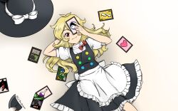 Rule 34 | 100th black market, 1girl, apron, back bow, black hat, black skirt, black vest, blonde hair, bow, buttons, closed mouth, frilled apron, frilled skirt, frills, giantcavemushroom, gradient background, hat, hat bow, heart, kirisame marisa, long hair, looking at viewer, lying, mima (touhou), on back, one eye covered, puffy short sleeves, puffy sleeves, red eyes, red hat, shirt, short sleeves, simple background, skirt, smile, solo, touhou, uno reverse card, vest, waist apron, waist bow, white bow, white shirt, witch hat, yin yang, yu-gi-oh!