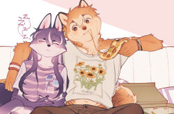 Rule 34 | 1boy, 1girl, arm around shoulder, bracelet, cheese trail, closed eyes, commentary, couch, couple, eating, english commentary, food, furry, furry female, furry male, hetero, highres, holding, holding food, huckypaw, jewelry, light brown hair, multicolored hair, navel, original, own hands together, pants, pizza, pizza box, print shirt, purple hair, shirt, sleeping, streaked hair, striped clothes, striped shirt, wristband, zzz