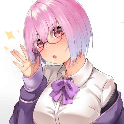 Rule 34 | 1girl, absurdres, blush, bow, breasts, collarbone, commentary request, face, glasses, gridman universe, highres, jacket, large breasts, light purple hair, long sleeves, looking at viewer, off shoulder, purple jacket, red eyes, shinjou akane, shirt, short hair, simple background, smile, solo, ssss.gridman, white background, white shirt, xubai