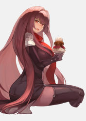 Rule 34 | 1girl, armor, ass, bodysuit, breasts, cjyoung, cup, fate/grand order, fate (series), food, hair between eyes, highres, ice cream, large breasts, long hair, looking at viewer, open mouth, pauldrons, purple bodysuit, purple hair, red eyes, scathach (fate), shoulder armor, sitting, solo, thighs