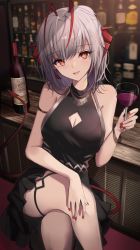 1girl :d alcohol antenna_hair arknights arm_strap bar_(place) bare_shoulders black_dress bottle bracelet breasts cleavage cleavage_cutout clothing_cutout commentary crossed_legs cup demon_girl demon_horns demon_tail dress drinking_glass english_commentary english_text feet_out_of_frame grey_hair highres holding holding_cup horns indoors jewelry large_breasts looking_at_viewer multicolored_hair nail_polish open_mouth red_eyes red_hair red_nails revision short_hair sitting sleeveless sleeveless_dress smile solo stratoz tail thigh_strap two-tone_hair w_(arknights) wine wine_bottle wine_glass