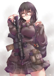 Rule 34 | 1girl, ayyh, between breasts, breasts, brown hair, cardigan, closed mouth, glasses, gun, highres, large breasts, looking at viewer, looking over eyewear, magazine (weapon), pouch, red eyes, rifle, school uniform, sleeves past wrists, smile, solo, standing, weapon