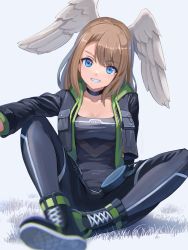 Rule 34 | 1girl, blue eyes, breasts, choker, cleavage, eunie (xenoblade), grass, grin, head wings, highres, jacket, looking at viewer, medium breasts, outstretched hand, saburou (jako), sitting, smile, solo, white background, wings, xenoblade chronicles (series), xenoblade chronicles 3