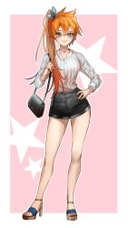 Rule 34 | 10s, 1girl, alternate costume, bag, black shorts, boku no hero academia, contrapposto, full body, green eyes, hair ribbon, hand on own hip, handbag, high heels, highres, jewelry, kendou itsuka, long hair, long sleeves, looking at viewer, necklace, orange hair, ribbon, shirt, short shorts, shorts, side ponytail, smile, solo, standing, star (symbol), striped clothes, striped shirt, vertical-striped clothes, vertical-striped shirt, very long hair, y07166