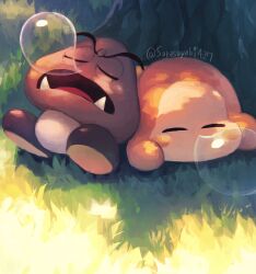 Rule 34 | artist name, blush, blush stickers, closed eyes, crossover, day, fangs, goomba, grass, highres, kirby (series), lying, mario (series), nintendo, no humans, nose bubble, on grass, on stomach, open mouth, outdoors, shade, sleeping, sleeping upright, suyasuyabi, tree, tree shade, twitter username, v-shaped eyebrows, waddle dee