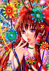 Rule 34 | 1girl, bad id, bad pixiv id, bow, colored eyelashes, colorful, eyelashes, face, female focus, finger to mouth, flower, hair bow, hair tubes, hakurei reimu, hand to own mouth, multicolored eyes, open mouth, plant, pucchomokkyuri123, red hair, solo, tongue, touhou, traditional media