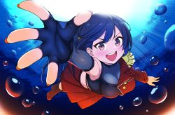 Rule 34 | 1girl, black eyes, black gloves, black hair, breasts, bubble, cleavage, collarbone, commentary, dive! (love live!), elbow gloves, fingerless gloves, gloves, hair ornament, highres, jacket, koaraya, kusunoki tomori, large breasts, long hair, looking at viewer, love live!, love live! nijigasaki high school idol club, one side up, red jacket, red skirt, see-through, sidelocks, single glove, single sleeve, skirt, smile, solo, underwater, voice actor connection, yuki setsuna (love live!)