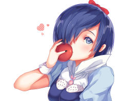 Rule 34 | 1girl, alternate costume, apple, black nails, blue eyes, blue hair, bow, commentary, dress, face, food, fruit, g4265059, hair bow, hair over one eye, heart, holding, holding food, holding fruit, kirishima touka, looking at viewer, nail polish, red apple, short hair, short sleeves, simple background, solo, tokyo ghoul, white background, wrist cuffs
