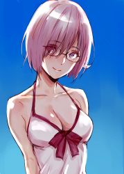 Rule 34 | 1girl, absurdres, bare shoulders, blue background, breasts, cleavage, collarbone, dress, eyes visible through hair, fate/grand order, fate (series), glasses, hair over one eye, highres, looking at viewer, mash kyrielight, mash kyrielight (swimsuit of perpetual summer), medium breasts, napata, official alternate costume, pink eyes, pink hair, short hair, sleeveless, sleeveless dress, smile, solo, upper body, white dress