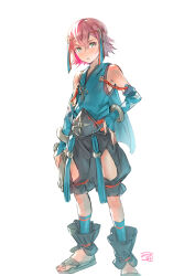 Rule 34 | 1boy, bare shoulders, black shorts, crossed bangs, fire emblem, fire emblem fates, grey eyes, hand on own hip, hayato (fire emblem), japanese clothes, nintendo, print sleeves, red hair, sandals, shorts, t misaomaru, white background