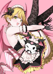 Rule 34 | 1girl, aegyo sal, alternate costume, arm garter, ass, back bow, black gloves, black thighhighs, blonde hair, blush, bow, breasts, crossover, demon wings, dress, enmaided, garter straps, gloves, head wings, highres, idolmaster, idolmaster cinderella girls, kuromi, lace, lace gloves, lace thighhighs, looking at viewer, looking to the side, maid, maid headdress, maou (demonlord), medium breasts, miyamoto frederica, onegai my melody, pink background, sanrio, short hair, simple background, sleeveless, sleeveless dress, smile, solo, thighhighs, wings