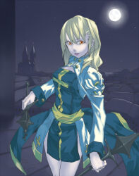 Rule 34 | 1girl, arch bishop (ragnarok online), blonde hair, blue dress, breasts, castle, cleavage cutout, clothing cutout, commentary request, cowboy shot, cross, dress, dual wielding, expressionless, fuhak, full moon, hair between eyes, holding, holding mace, long bangs, long hair, looking at viewer, medium breasts, moon, night, open mouth, orange eyes, outdoors, pelvic curtain, ragnarok online, sash, solo, standing, two-tone dress, weapon, white dress, yellow sash