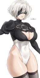 Rule 34 | 1girl, 2b (nier:automata), absurdres, blindfold, blush, breasts, cleavage cutout, clothing cutout, covered navel, curvy, feather-trimmed sleeves, highleg, highleg leotard, highres, hotate-chan, juliet sleeves, large breasts, leotard, long sleeves, mole, mole under mouth, nier:automata, nier (series), parted lips, puffy sleeves, shiny skin, short hair, silver hair, simple background, solo, thighs, thong leotard, white background, white leotard, wide hips
