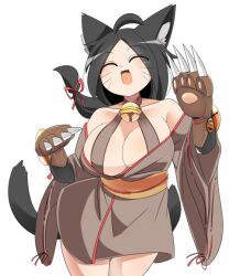 Rule 34 | 1girl, ahoge, animal ears, bell, black hair, blush, breasts, brown dress, cat ears, cat girl, cat tail, claws, cleavage, closed eyes, commentary request, cowboy shot, dress, jingle bell, kyuumei neko (onmyoji), large breasts, lets0020, long hair, neck bell, obi, off-shoulder dress, off shoulder, onmyoji, open mouth, sash, simple background, smile, solo, tail, whiskers, white background, yellow sash