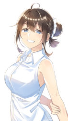 Rule 34 | 1girl, ahoge, arms behind back, bare arms, bare shoulders, blue eyes, breasts, brown hair, collared shirt, eyelashes, grin, hair between eyes, hair bun, hair intakes, highres, large breasts, looking at viewer, mono lith, original, scrunchie, shirt, short hair, side bun, sidelocks, simple background, single side bun, sleeveless, sleeveless shirt, smile, solo, upper body, white background, white shirt