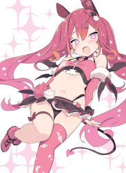 Rule 34 | 1girl, :d, aimani (vtuber), animal ears, bat wings, black panties, blade (galaxist), blush, commentary request, cross-shaped pupils, earrings, elbow gloves, fang, flower, gloves, hair ornament, hairclip, high-waist panties, highres, jewelry, long hair, looking at viewer, mel mellow, midriff, navel, open mouth, panties, pointy ears, purple eyes, red flower, red gloves, red hair, red rose, red thighhighs, rose, single thighhigh, skin fang, smile, solo, star (symbol), stud earrings, symbol-shaped pupils, thigh strap, thighhighs, twintails, underwear, virtual youtuber, white flower, white rose, wings