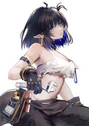 Rule 34 | a598400379, absurdres, ahoge, arknights, arm strap, bare arms, bare shoulders, black gloves, black hair, black pants, blue eyes, blue hair, camisole, crop top, eunectes (arknights), eunectes (forgemaster) (arknights), gloves, highres, holding, holding wrench, looking at viewer, midriff, multicolored hair, official alternate costume, pants, parted lips, pointy ears, short hair, simple background, stomach, white background, wrench