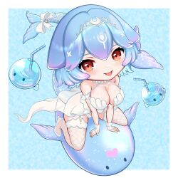 Rule 34 | 1girl, bao (vtuber), bikini, blue hair, bow, breasts, brown eyes, cetacean tail, chibi, cleavage, drinking straw, fingerless gloves, fins, fish tail, fishnet thighhighs, fishnets, garter straps, gloves, heart, high heels, indie virtual youtuber, jewelry, kangaruu (momotk1109), large breasts, necklace, open mouth, pearl necklace, riding, riding animal, star (symbol), swimsuit, tail, tail bow, tail ornament, thighhighs, tiara, virtual youtuber, white bikini, white bow, white footwear, white garter straps, white gloves