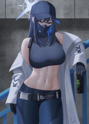 Rule 34 | 1girl, bare shoulders, belt, blue archive, blue eyes, blue hair, blue hat, blue pants, breasts, can, covered mouth, energy drink, halo, hat, highres, holding, holding can, large breasts, long hair, long sleeves, looking at viewer, mask, midriff, monster energy, mouth mask, navel, off shoulder, pants, saori (blue archive), solo, stomach, wei xiao