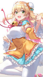 Rule 34 | 1girl, blonde hair, blush, breasts, bun cover, clenched hands, detached sleeves, double bun, fang, floating hair, flower, green eyes, guchico, hair between eyes, hair bun, hair flower, hair ornament, highres, hololive, large breasts, leg up, long hair, looking at viewer, medium breasts, momosuzu nene, multicolored hair, open mouth, pantyhose, pink hair, smile, solo, virtual youtuber, wavy hair, white pantyhose