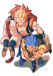 Rule 34 | 3boys, abs, absurdres, arm up, artist name, baggy pants, bare shoulders, biceps, black footwear, black vest, black wristband, blonde hair, blue eyes, blue hair, blue sash, boots, carrying, carrying over shoulder, closed eyes, closed mouth, collarbone, crossed arms, dragon ball, dragon ball gt, dragon ball super, dragonball z, frown, full body, gogeta, halo, highres, looking at viewer, male focus, metamoran vest, monkey tail, multiple boys, multiple persona, muscular, muscular male, open clothes, open vest, pants, pectorals, red hair, relio db318, sash, shadow, simple background, smile, smirk, spiked hair, standing, super saiyan, super saiyan 1, super saiyan 4, super saiyan blue, sweatdrop, tail, twitter username, v-shaped eyebrows, vest, white background, white pants, wristband