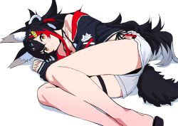 Rule 34 | 1girl, absurdres, animal ear fluff, animal ears, bare legs, bikini, bikini under clothes, black hair, black hoodie, blush, breasts, brown eyes, closed mouth, double-parted bangs, feet out of frame, hair ornament, highres, hololive, hood, hoodie, legs, long sleeves, looking at viewer, lying, medium breasts, multicolored hair, off shoulder, official alternate costume, on side, ookami mio, ookami mio (hololive summer 2019), red hair, sadamoto hokuto, sand, short shorts, shorts, simple background, single bare shoulder, smile, solo, streaked hair, swimsuit, tail, thigh strap, v-shaped eyebrows, virtual youtuber, white background, white shorts, wolf ears, wolf girl, wolf tail