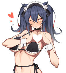 Rule 34 | 1girl, absurdres, animal ear fluff, animal ears, arknights, armpits, bare shoulders, bikini, black bikini, black choker, black hair, breasts, breasts apart, choker, commentary, covered erect nipples, frilled bikini, frills, garter belt, hair between eyes, hanenosaki, heart, heart-shaped pupils, heart hands, highres, large breasts, light blush, long hair, looking at viewer, maid, maid bikini, maid headdress, md5 mismatch, midriff, multicolored hair, navel, one eye closed, red hair, resolution mismatch, sideboob, simple background, smile, solo, source smaller, swimsuit, symbol-shaped pupils, texas (arknights), twintails, two-tone hair, unconventional maid, underboob, upper body, white background, wolf ears, yellow eyes