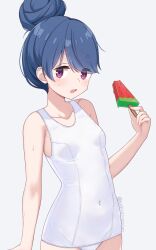 1girl blue_hair blush breasts commentary_request covered_navel food hair_bun highres holding holding_food holding_popsicle looking_at_viewer nekosination one-piece_swimsuit open_mouth popsicle purple_eyes school_swimsuit shima_rin simple_background single_hair_bun small_breasts solo swimsuit upper_body watermelon_bar white_background white_one-piece_swimsuit yurucamp