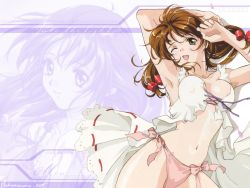 Rule 34 | 1girl, areola slip, blush, bow, breasts, brown hair, cleavage, dress, green eyes, hair bow, hair ribbon, lingerie, mew (words worth), one eye closed, open clothes, open dress, panties, pantyshot, pink panties, ribbon, rin-sin, side-tie panties, skirt, solo, standing, tress ribbon, underwear, upskirt, wallpaper, white dress, white skirt, wink, words worth