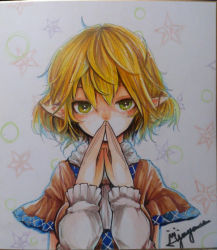 Rule 34 | 1girl, arm warmers, blonde hair, blush, brown shirt, commentary request, green eyes, hair between eyes, jonasan (bad-t), looking at viewer, mizuhashi parsee, pointy ears, scarf, shikishi, shirt, short hair, short sleeves, signature, solo, steepled fingers, touhou, traditional media, upper body, white background, white scarf
