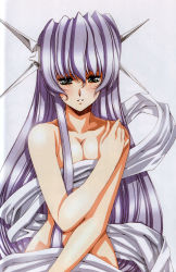 Rule 34 | 1girl, bed sheet, blush, breasts, breasts squeezed together, cleavage, collarbone, cowboy shot, frane, frayne (growlanser), green eyes, growlanser, growlanser iv, hair between eyes, half-closed eyes, hand on own chest, headgear, highres, hip focus, light purple hair, long hair, looking at viewer, naked sheet, official art, parted lips, purple hair, scan, sidelocks, simple background, smile, solo, urushihara satoshi, very long hair, white background