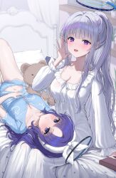 Rule 34 | 2girls, absurdres, bed, bed sheet, blue archive, blue pajamas, blush, breasts, cleavage, closed mouth, grey hair, halo, highres, indoors, kuuhaku (wutt5584), large breasts, long hair, long sleeves, looking at viewer, mechanical halo, medium breasts, multiple girls, navel, noa (blue archive), official alternate costume, open mouth, pajamas, pillow, ponytail, purple eyes, purple hair, short sleeves, smile, stuffed animal, stuffed toy, teddy bear, white pajamas, yuuka (blue archive)