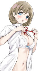 Rule 34 | 1girl, :o, aqua bow, aqua eyes, blush, bow, bow bra, bra, breasts, cleavage, collared shirt, highres, light brown hair, looking at viewer, love live!, love live! superstar!!, medium breasts, nail polish, navel, neck ribbon, open clothes, open mouth, open shirt, red ribbon, ribbon, sankuro (agoitei), shirt, short hair, simple background, solo, sweat, sweatdrop, tang keke, underwear, upper body, white background, white bra, white shirt