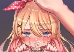 Rule 34 | 1boy, 1girl, artist name, blonde hair, blue eyes, character request, commission, crying, crying with eyes open, cum, cum in mouth, cum in nose, deepthroat, facial, fellatio, fuutea0w0, grey background, hair between eyes, hair ornament, hair ribbon, half-closed eyes, hand on another&#039;s head, hetero, highres, oral, penis, rape, ribbon, simple background, snot, tears, twitter username, uncensored, virtual youtuber