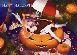 Rule 34 | 1girl, apple, basket, bow, breasts, cake, candy, chocolate, chocolate bar, cleavage, detached collar, doughnut, food, fruit, gloves, halloween, happy halloween, hat, hat bow, iritoa, jack-o&#039;-lantern, lantern, lollipop, long hair, looking at viewer, macaron, mary janes, original, parasol, pink eyes, pink hair, pocky, pumpkin, shoes, smile, solo, swept bangs, thighhighs, trick or treat, umbrella, v, white gloves, white thighhighs, witch hat