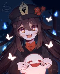 Rule 34 | 1girl, black headwear, black nails, brown hair, bug, butterfly, cheek pull, chinese clothes, closed eyes, fang, flanmiu, flower, genshin impact, ghost, hat, highres, hu tao (genshin impact), bug, long sleeves, looking at viewer, nail polish, open mouth, red eyes, signature, smile, symbol-shaped pupils, tears, top hat, twintails, upper body