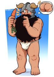 Rule 34 | 1boy, absurdres, ass, bara, baramantik, beard, blush, carrot, dungeon meshi, dwarf, facial hair, fake horns, full body, fundoshi, hand on own chin, helmet, highres, holding, holding carrot, horned helmet, horns, imminent masturbation, japanese clothes, large hands, long beard, male focus, muscular, muscular male, mustache, notice lines, pubic hair, pubic hair peek, senshi (dungeon meshi), solo, standing, stroking own chin, thick mustache, thighs, thinking, thought bubble, topless male, very long beard