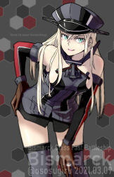 Rule 34 | 1girl, aqua eyes, bismarck (kancolle), blonde hair, breasts, brown gloves, character name, dated, detached sleeves, dress, german text, gloves, grey thighhighs, hair between eyes, hat, kantai collection, large breasts, leaning forward, long hair, looking at viewer, oso (toolate), parted lips, peaked cap, short dress, simple background, solo, thighhighs, twitter username, upper body