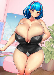 Rule 34 | 1girl, :i, absurdres, arm behind back, bare shoulders, black corset, blue hair, blush, breasts, bursting breasts, cleavage, commentary, computer, corset, english commentary, erkaz, feet out of frame, hairband, highres, huge breasts, indoors, keyboard (computer), leaf, medium hair, original, panties, pink hairband, plant, potted plant, red eyes, rina atherina, solo, strapless, underwear, veins, veiny breasts, white panties