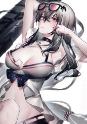 Rule 34 | 1girl, absurdres, arknights, armpits, bare shoulders, breasts, choker, eyewear on head, female focus, hair between eyes, hair ornament, highres, large breasts, long hair, looking at viewer, lying, official alternate costume, on back, red eyes, shorts, silver hair, skadi (arknights), skadi (waverider) (arknights), solo, stomach, sunglasses, tearing up, very long hair, whale hair ornament, yushe quetzalli