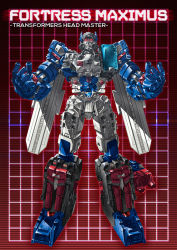 Rule 34 | 1980s (style), 1boy, autobot, cannon, character name, copyright name, fortress maximus, full body, glowing, glowing eyes, grid, grid background, insignia, looking at viewer, male focus, mecha, no humans, oldschool, paintedmike, red background, red eyes, retro artstyle, robot, solo, standing, transformers, transformers: the headmasters, weapon
